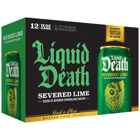 Liquid Death Severed Lime can being poured into glass with fizz.