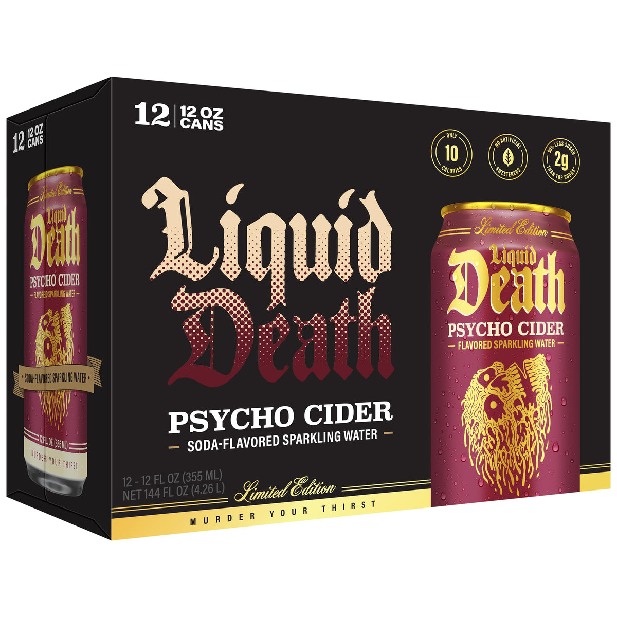 Liquid Death Psycho Cider branding can with recyclable packaging emphasis