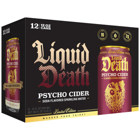 Liquid Death Psycho Cider branding can with recyclable packaging emphasis