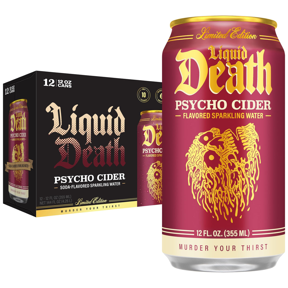 Liquid Death Psycho Cider apple cinnamon can with bold flavor and low sugar