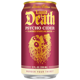 Liquid Death Psycho Cider can side view showing bold design and low sugar