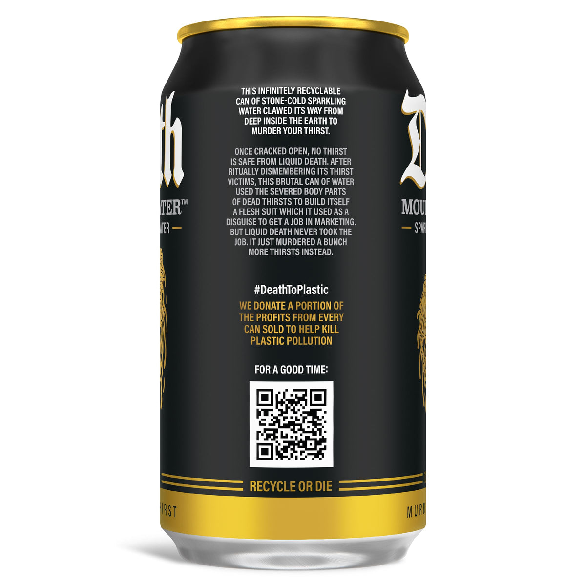 Liquid Death Real Mountain Source label emphasizing authentic origin