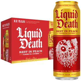 Liquid Death Rest in Peach can front view highlighting peach flavor and low sugar option.