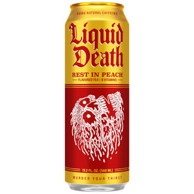 Liquid Death Rest in Peach can side graphics emphasize caffeine boost for midday energy.