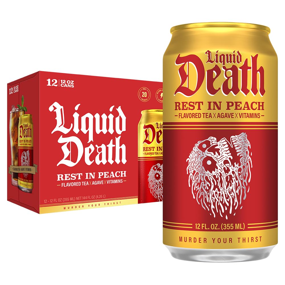 Liquid Death Rest In Peach front can shows peach tea flavor and refreshing appeal