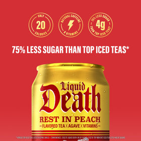 Liquid Death Rest In Peach ingredients label highlights natural caffeine and no artificial sweeteners