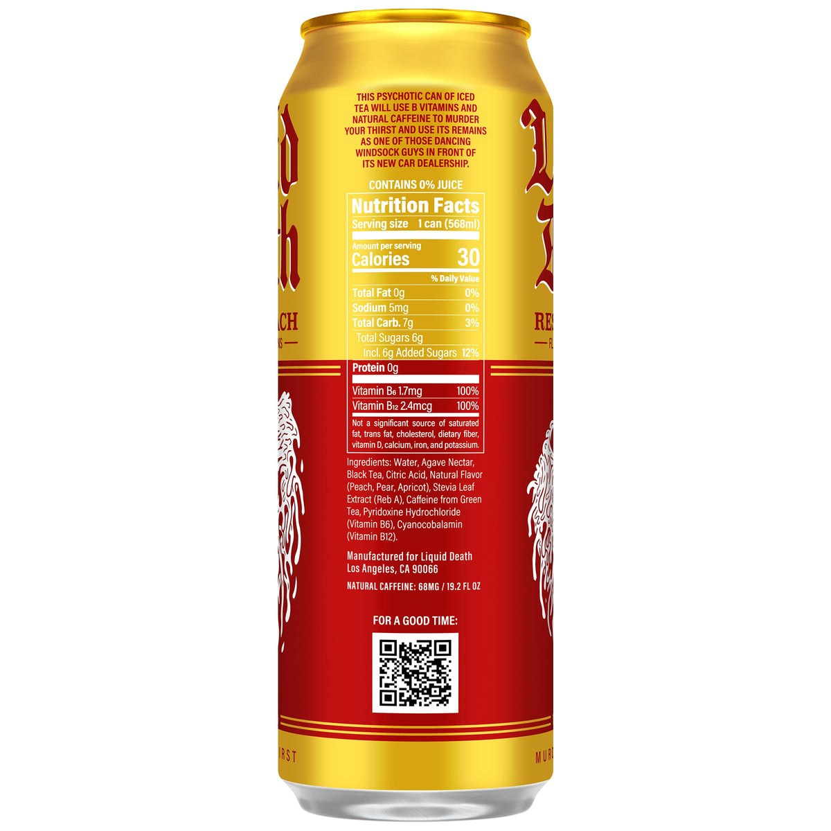 Liquid Death Rest in Peach label closeup shows natural ingredients and no artificial sweeteners.