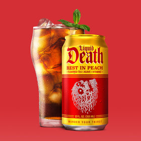 Liquid Death Rest In Peach recycling symbol underscores infinitely recyclable cans
