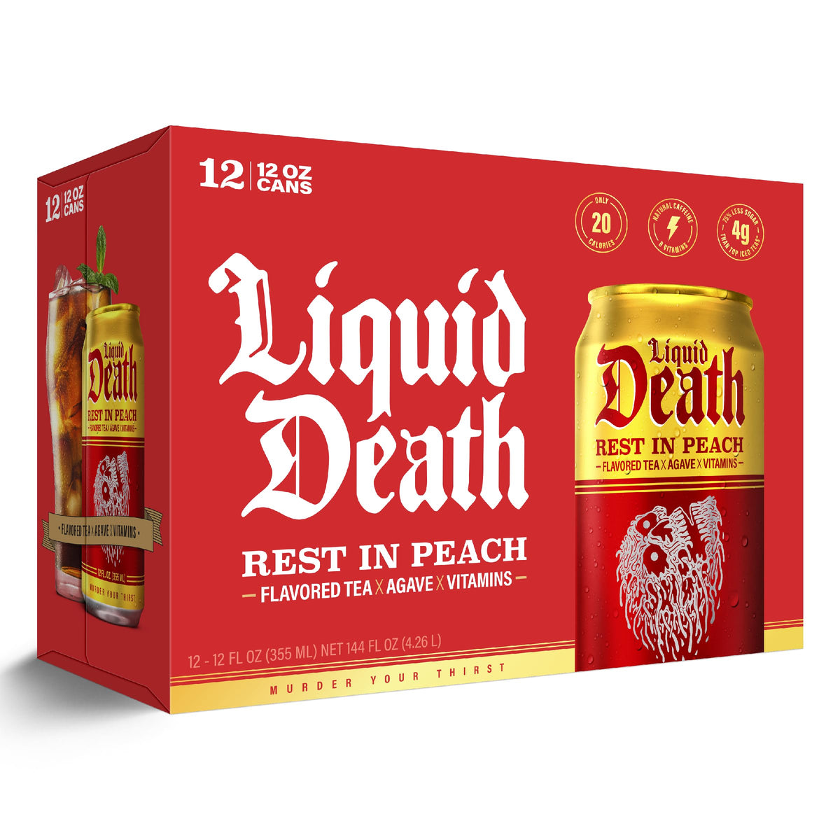 Liquid Death Rest In Peach vitamin icons highlight included B vitamins