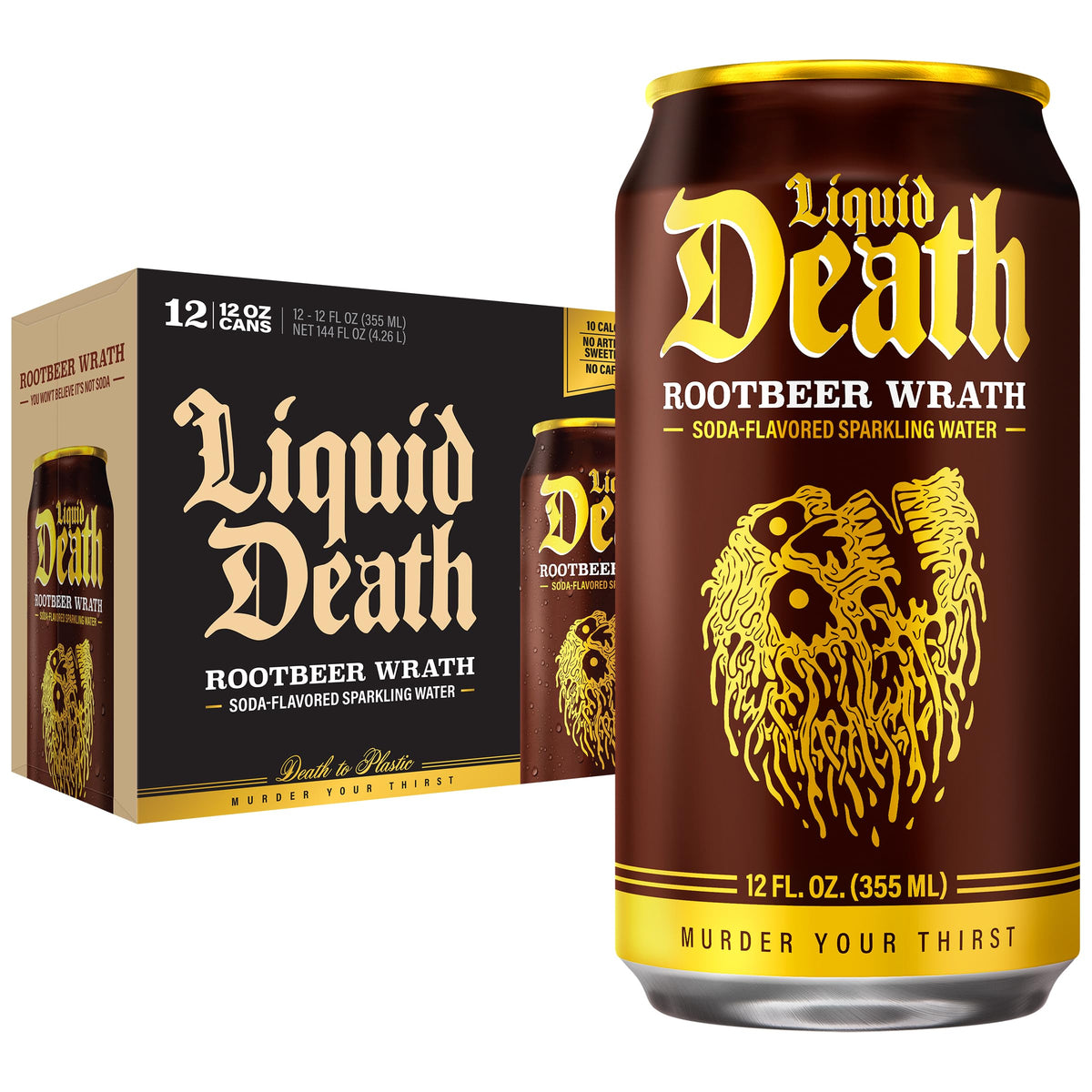 Liquid Death Rootbeer Wrath bottle closeup showing bold flavor in a low-sugar sip.