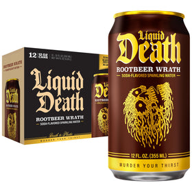 Liquid Death Rootbeer Wrath bottle closeup showing bold flavor in a low-sugar sip.