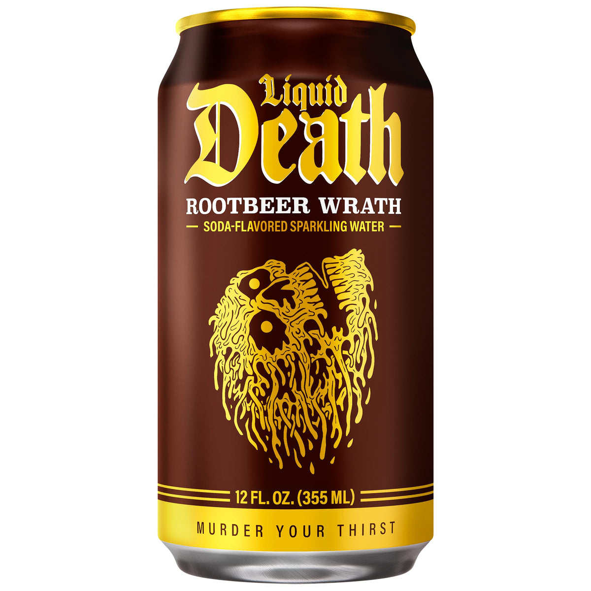 Liquid Death Rootbeer Wrath can tilted for grab-and-go enjoyment and convenience.
