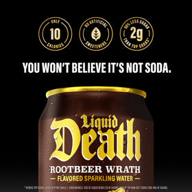 Liquid Death Rootbeer Wrath on ice signaling a crisp, refreshing option.