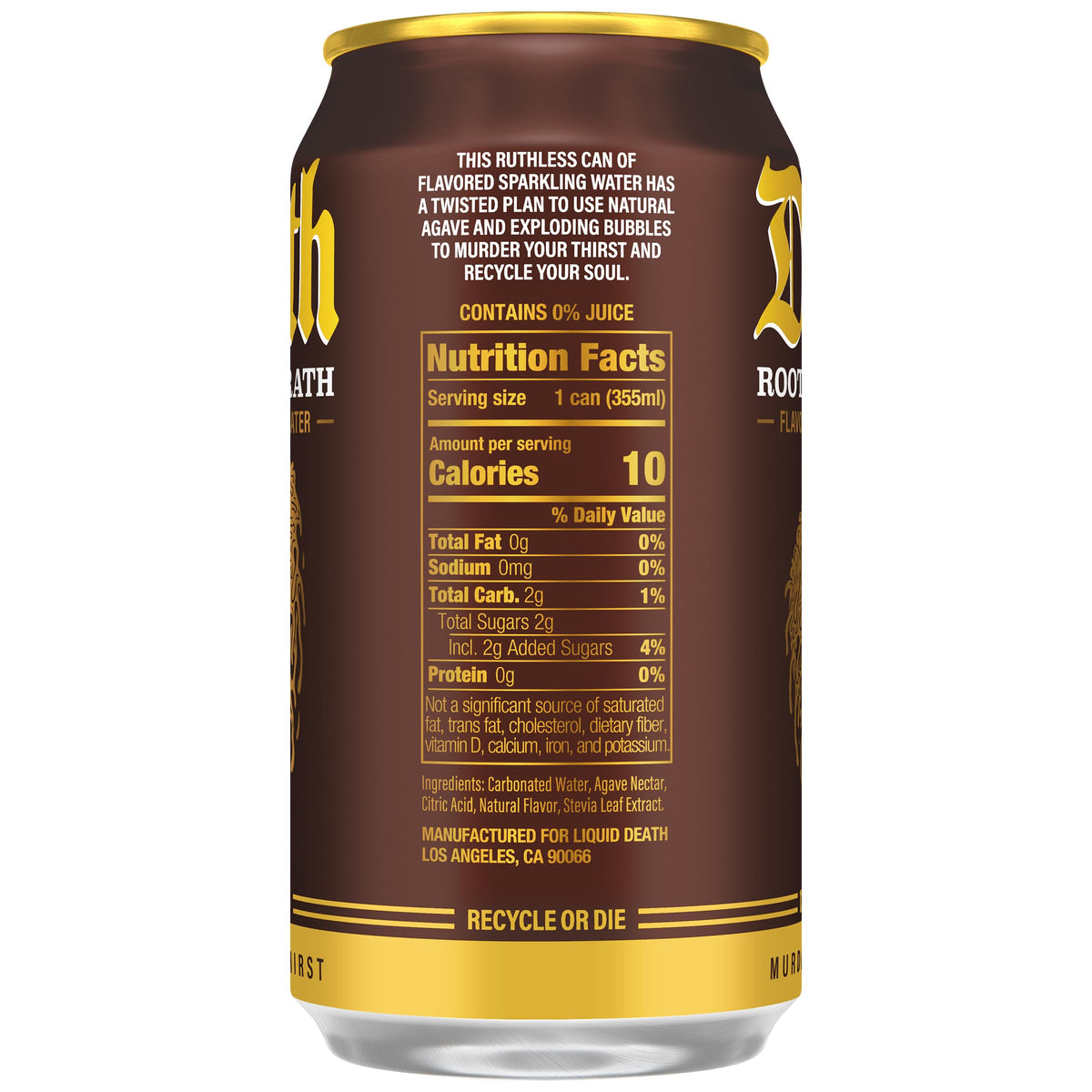 Liquid Death Rootbeer Wrath pours into a glass with authentic root beer notes.
