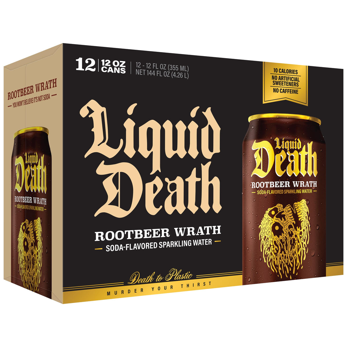 Liquid Death Rootbeer Wrath can presented as a calorie-conscious soda alternative.