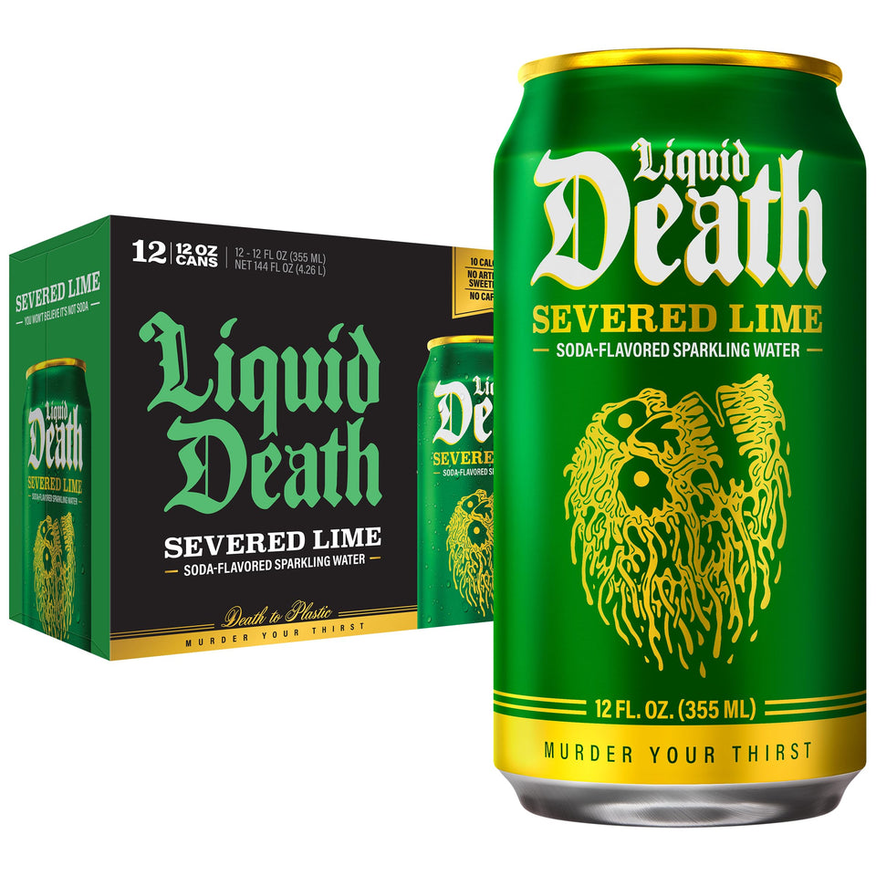 Liquid Death Severed Lime can close-up with bold lime flavor for refreshing hydration.