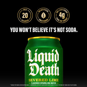 Liquid Death Severed Lime can being poured into glass for cold refreshment.