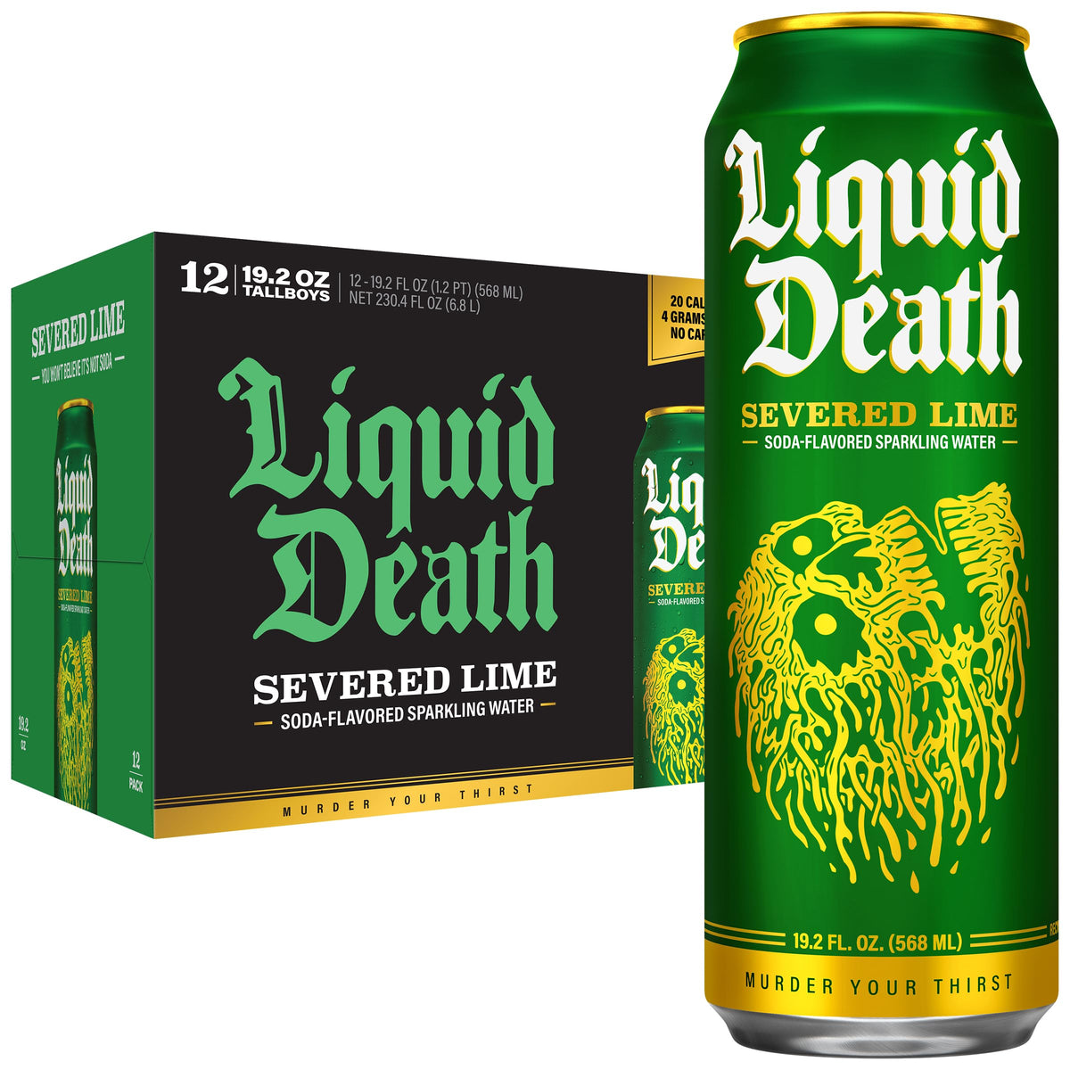 Liquid Death Severed Lime can side view showing bold branding and crisp lime flavor.