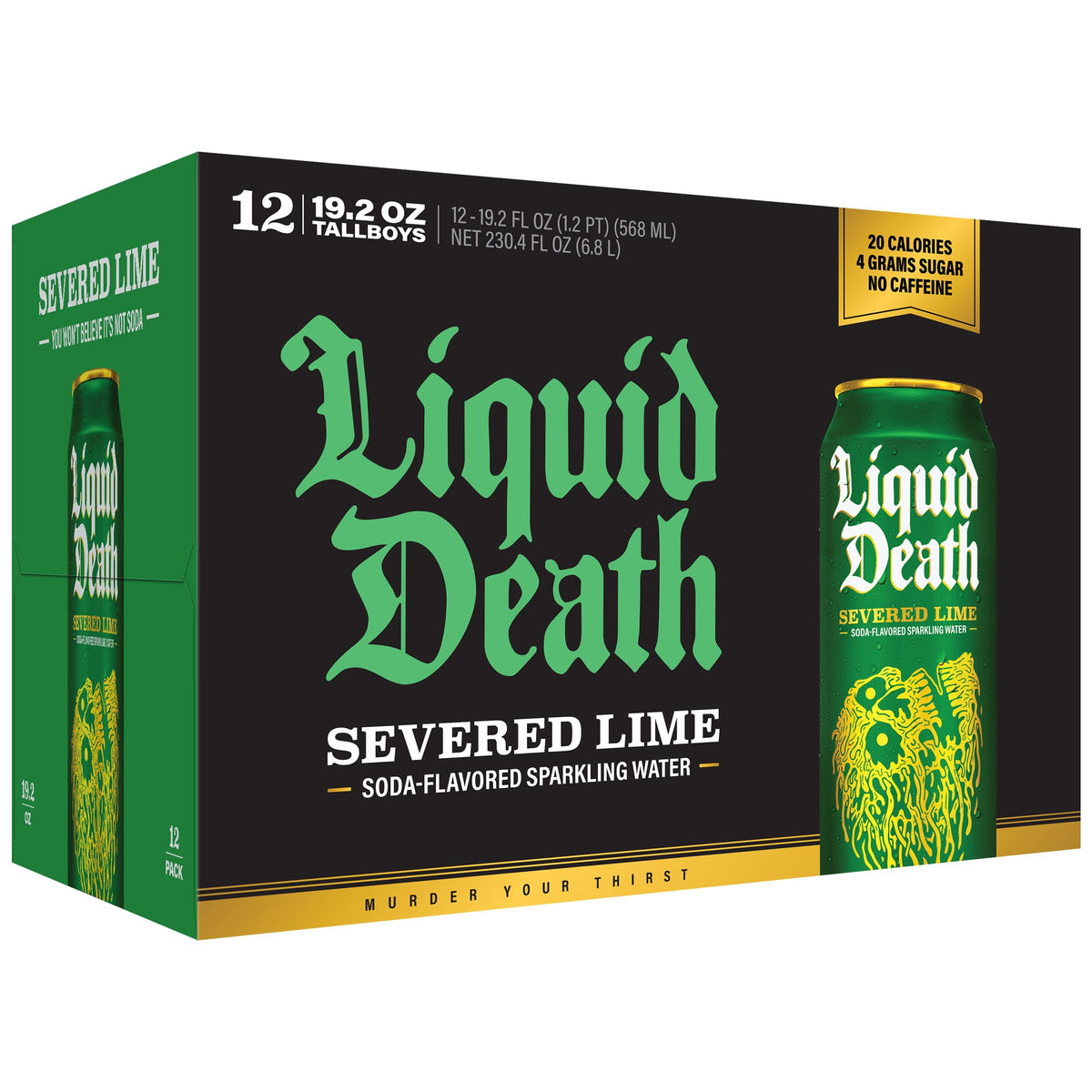 Liquid Death Severed Lime pack close-up highlighting bold label for on-the-go refreshment.