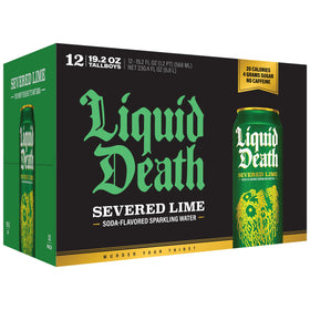 Liquid Death Severed Lime pack close-up highlighting bold label for on-the-go refreshment.