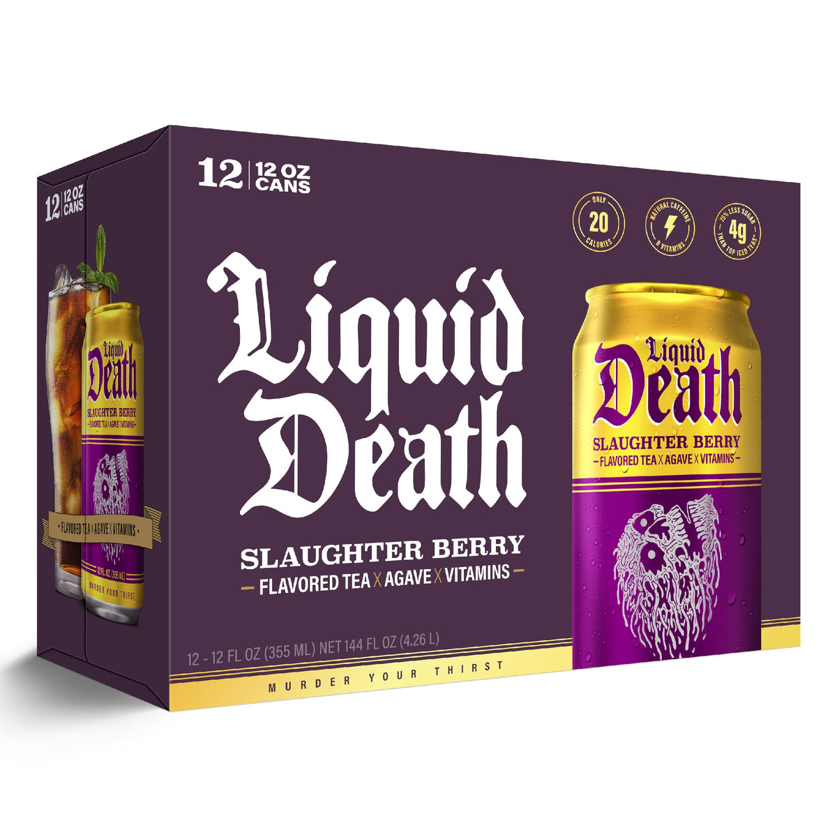 Liquid Death Slaughter Berry pour over ice with only 4 g sugar per can