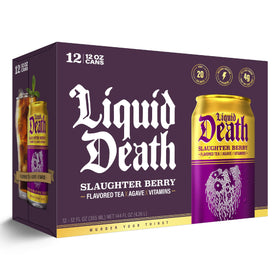 Liquid Death Slaughter Berry pour over ice with only 4 g sugar per can