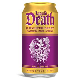 Liquid Death Slaughter Berry can side view showing crisp raspberry tea on the go