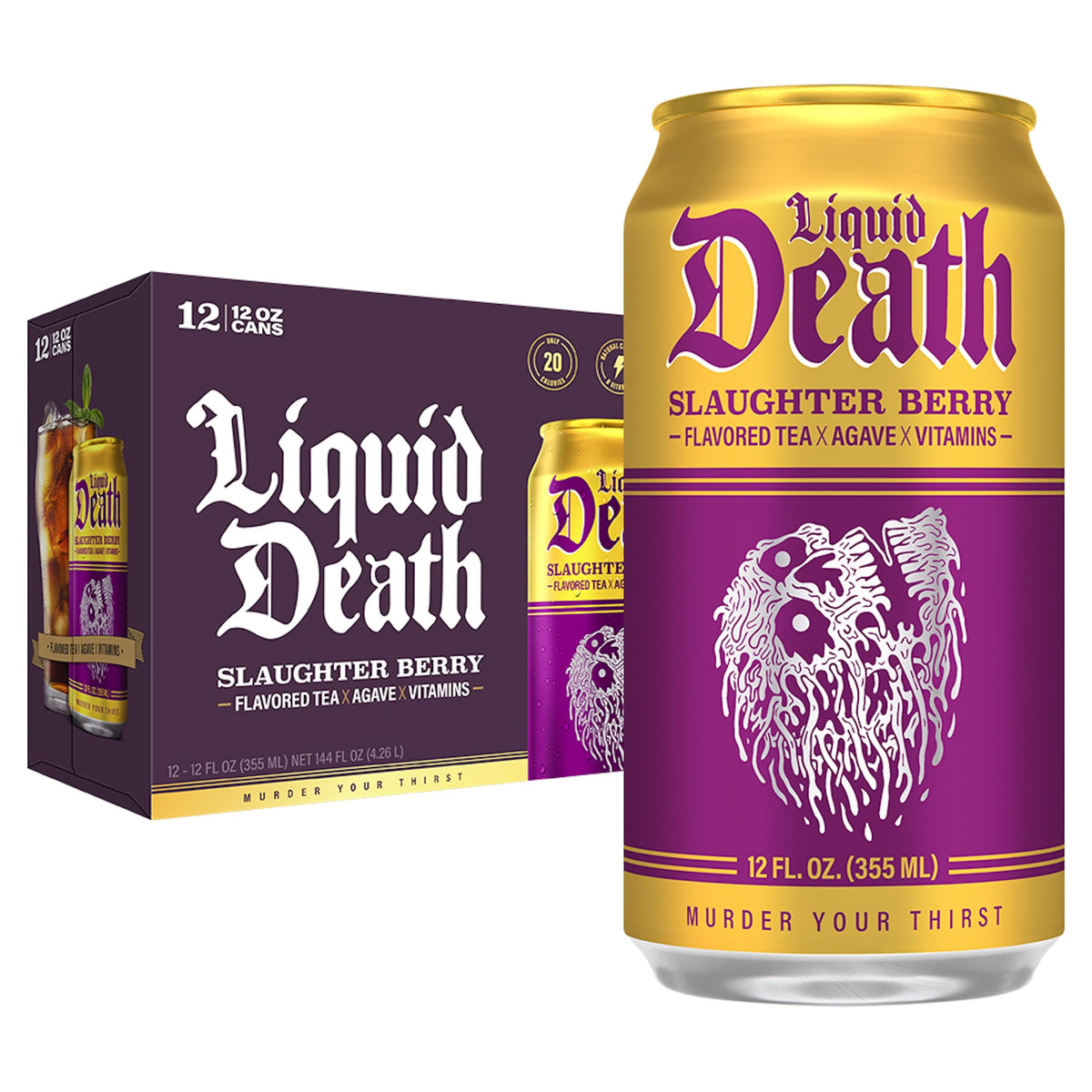 Liquid Death Slaughter Berry can top view showing a low-sugar iced tea option