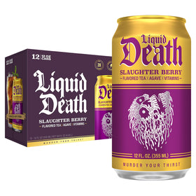 Liquid Death Slaughter Berry can top view showing a low-sugar iced tea option