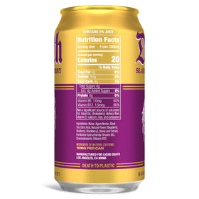 Liquid Death Slaughter Berry label closeup with no artificial sweeteners and calories