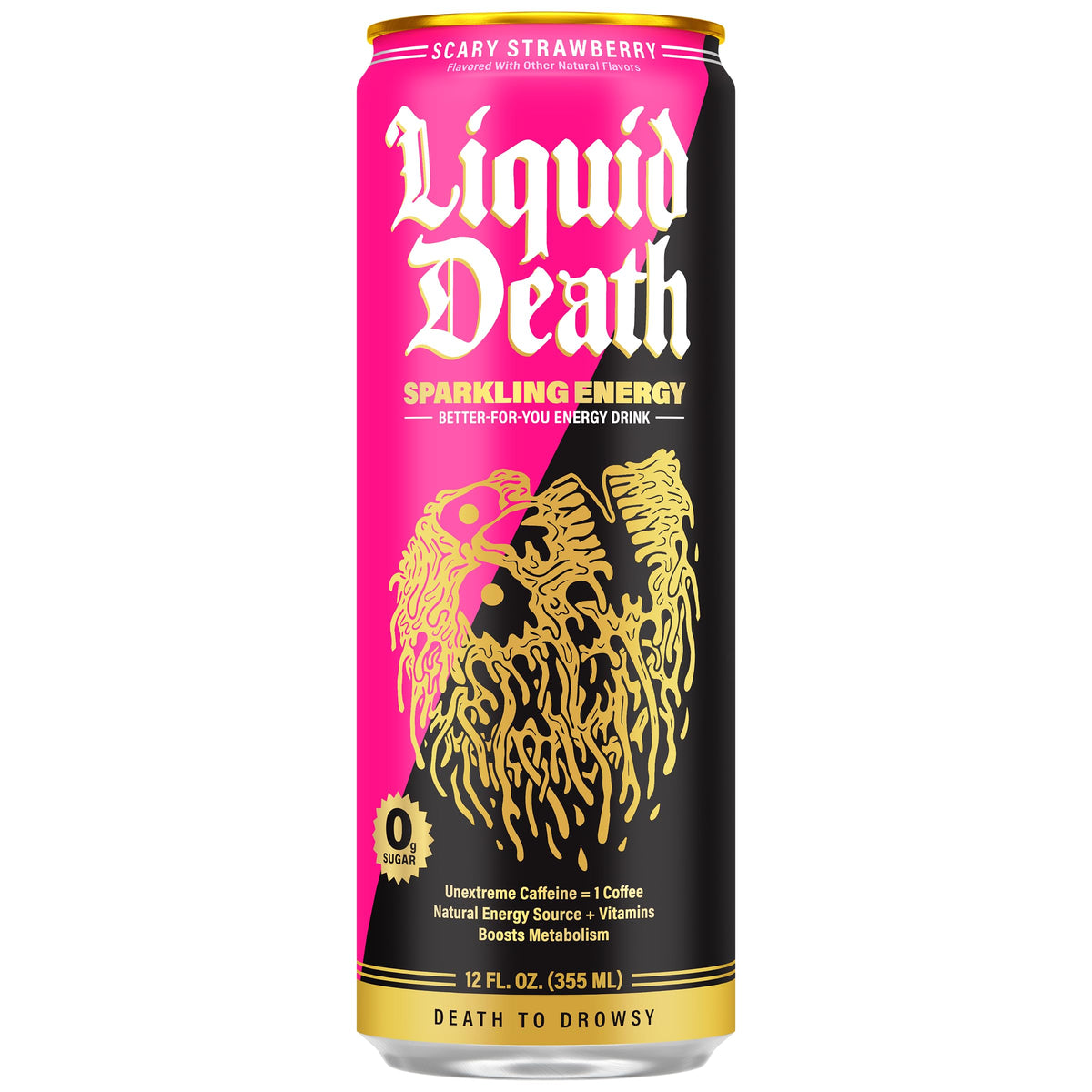 Liquid Death Sparkling Energy 12-pack case shows convenient, sugar-free energy on the go.