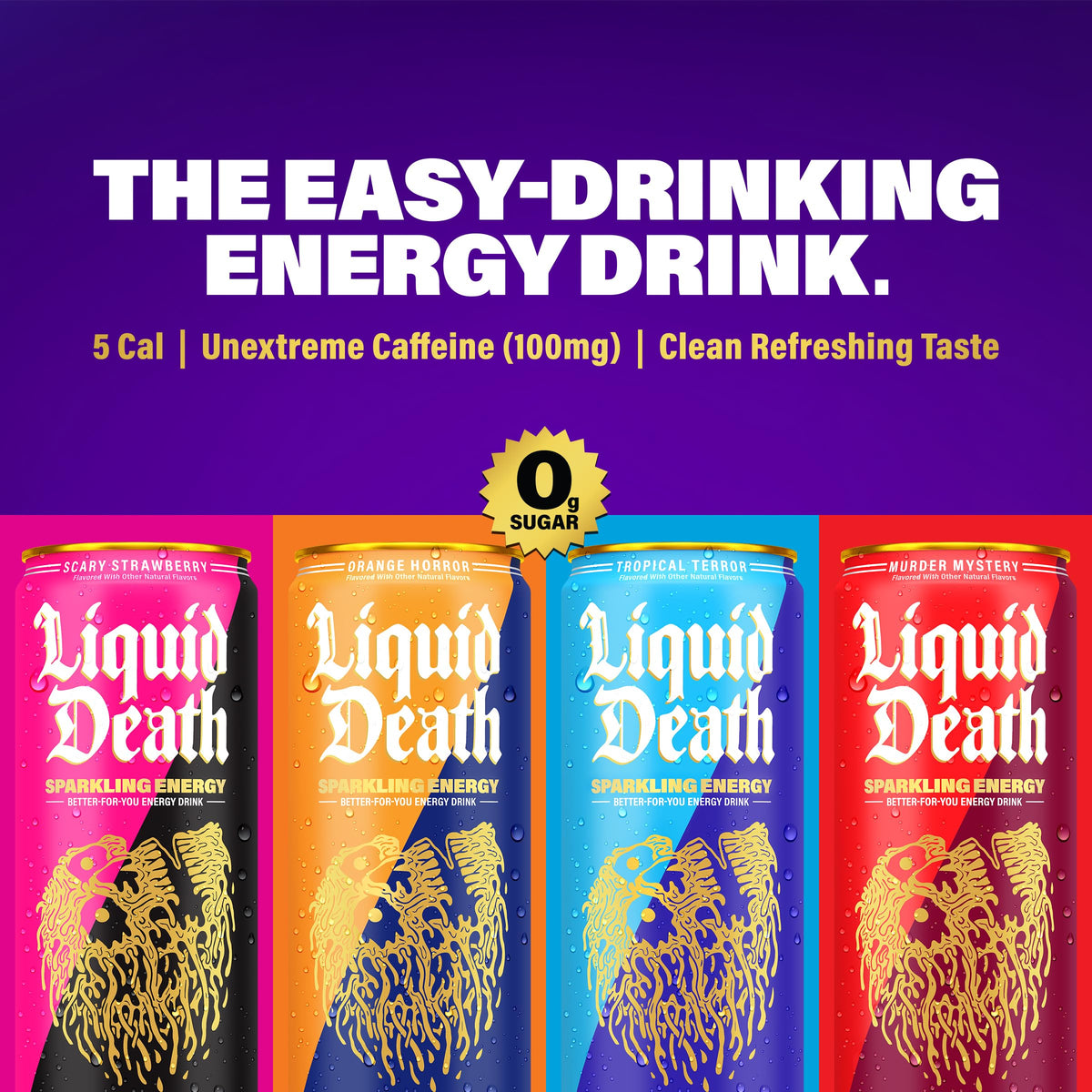 Liquid Death label close-up highlights branding and clean ingredient list.