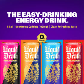 Liquid Death label close-up highlights branding and clean ingredient list.