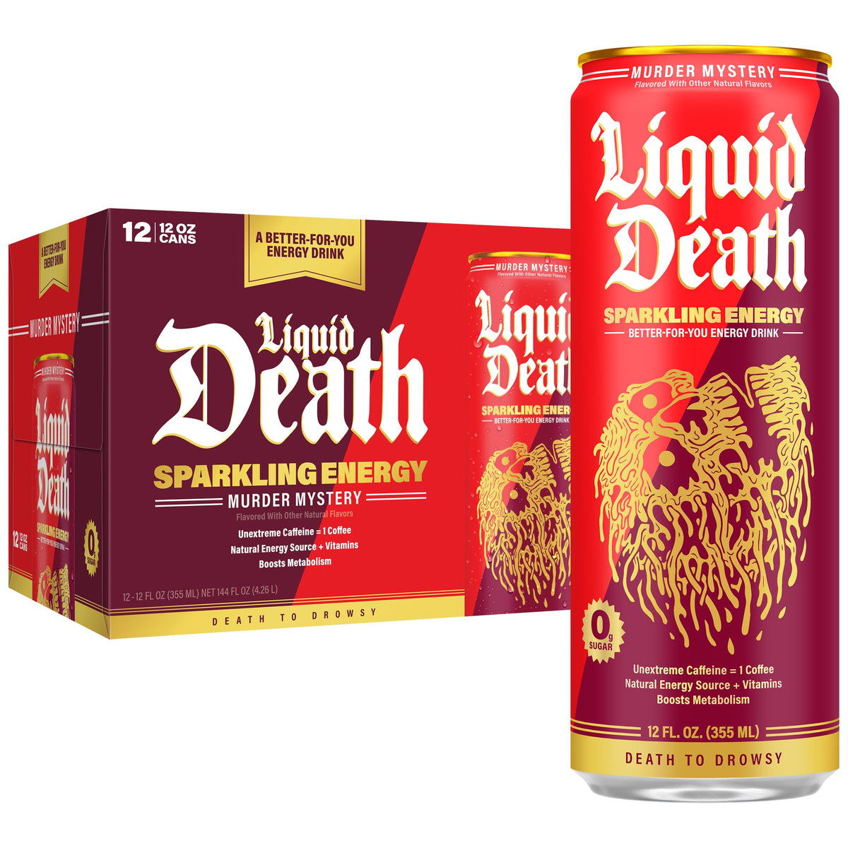 Liquid Death Sparkling Energy Murder Mystery Cherry can for a refreshing pick-me-up