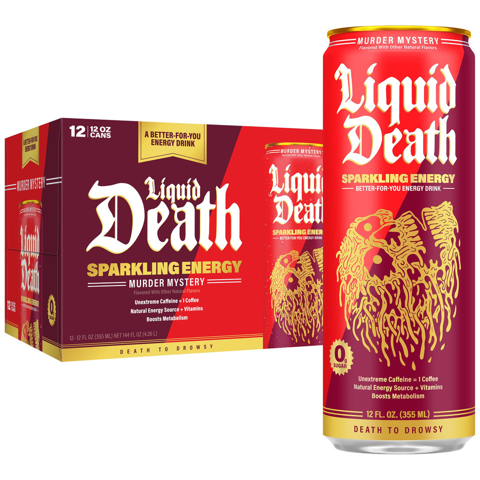 Liquid Death Sparkling Energy Murder Mystery Cherry can for a refreshing pick-me-up