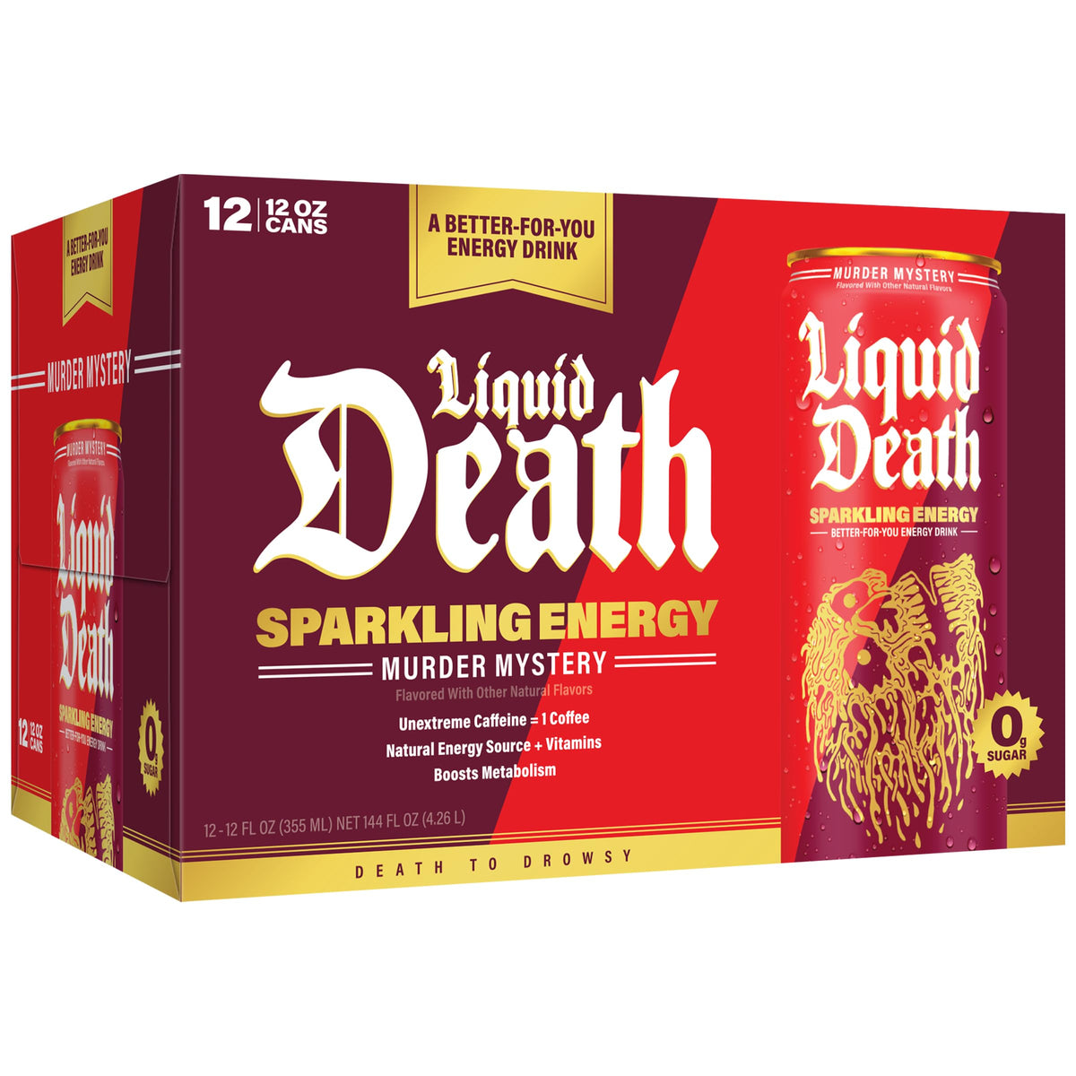 Liquid Death Sparkling Energy Murder Mystery can, easy to grab on the go