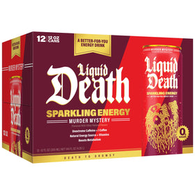 Liquid Death Sparkling Energy Murder Mystery can, easy to grab on the go