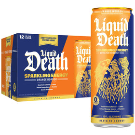 Liquid Death Sparkling Energy Orange Horror can, crisp zero sugar for a quick pick-me-up.
