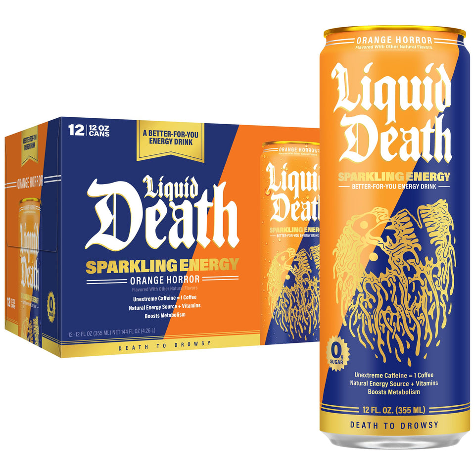 Liquid Death Sparkling Energy Orange Horror can, crisp zero sugar for a quick pick-me-up.