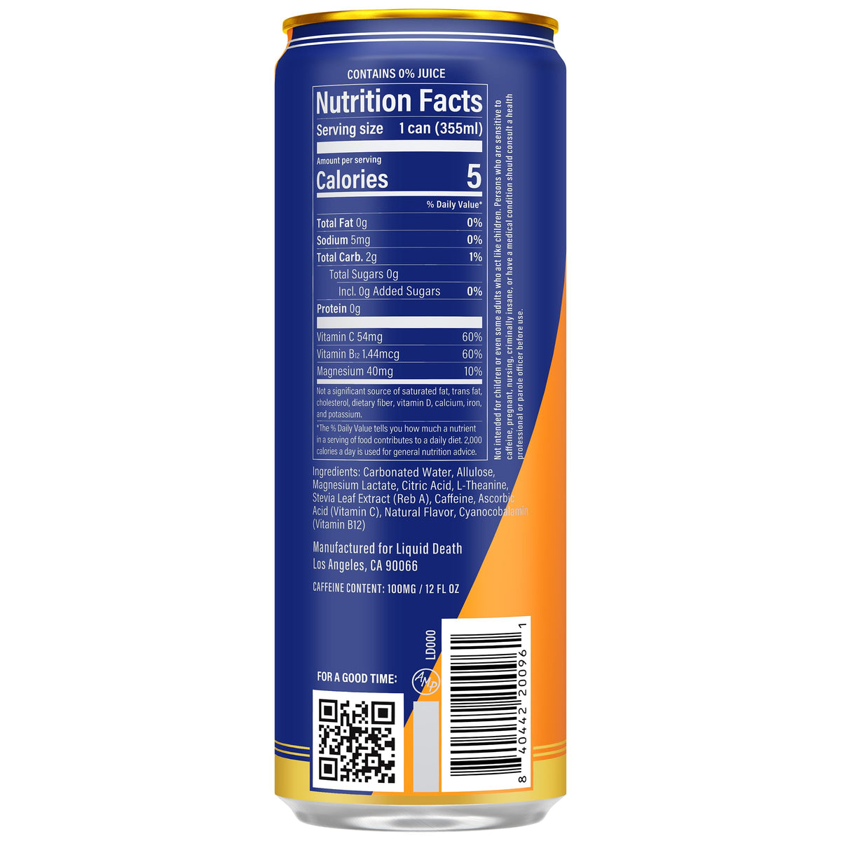 Liquid Death Sparkling Energy Orange Horror glass pour reveals bright orange-cream flavor with refreshing finish.