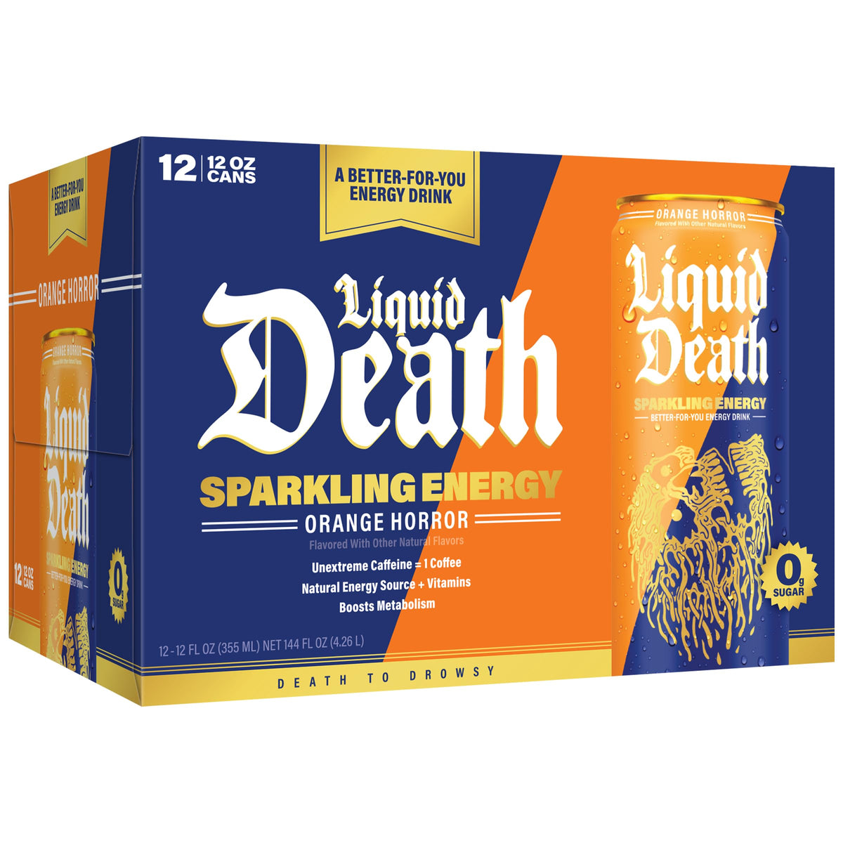 Liquid Death Sparkling Energy Orange Horror ingredients closeup highlights vitamins and no artificial additives.