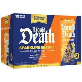 Liquid Death Sparkling Energy Orange Horror ingredients closeup highlights vitamins and no artificial additives.