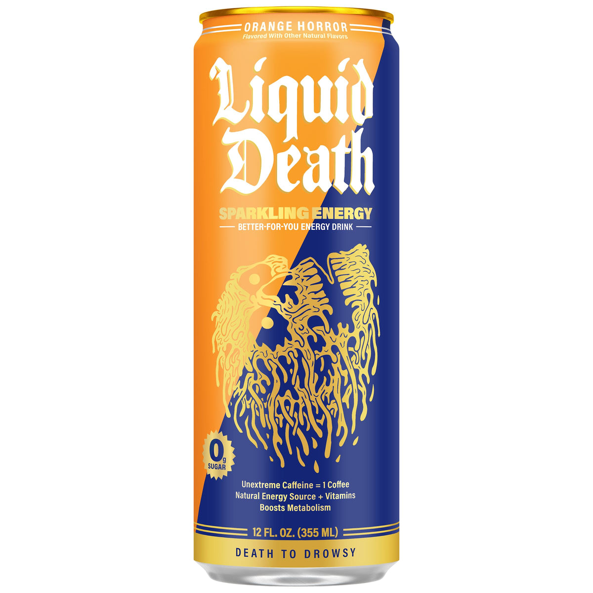 Liquid Death Sparkling Energy Orange Horror pack of 12, convenient energy for the day.