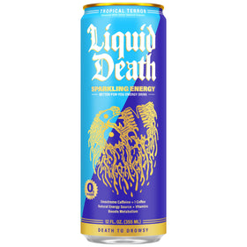 Liquid Death Sparkling Energy Pina Colada flavor label showing tropical notes.