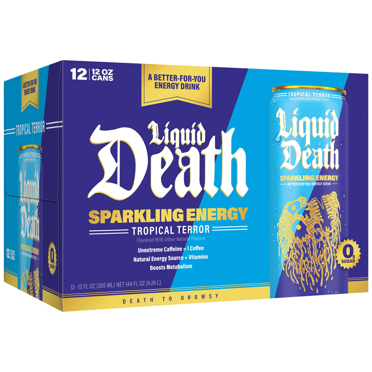 Pouring Liquid Death Sparkling Energy Tropical Terror into a glass with aroma.