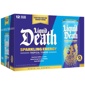 Pouring Liquid Death Sparkling Energy Tropical Terror into a glass with aroma.