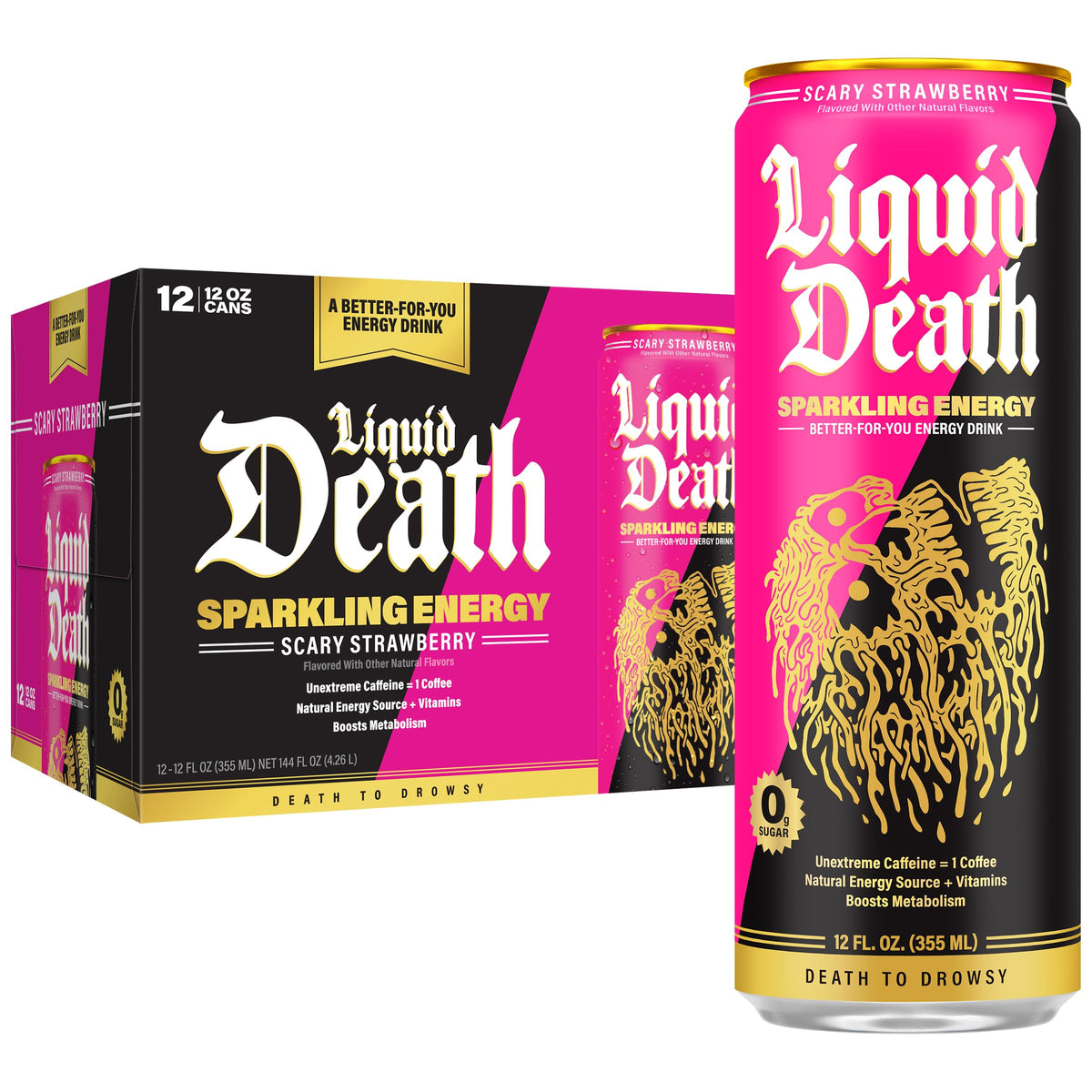Liquid Death Sparkling Energy scary strawberry bottle highlights bold flavor and energy.