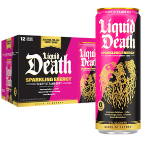Liquid Death Sparkling Energy scary strawberry bottle highlights bold flavor and energy.