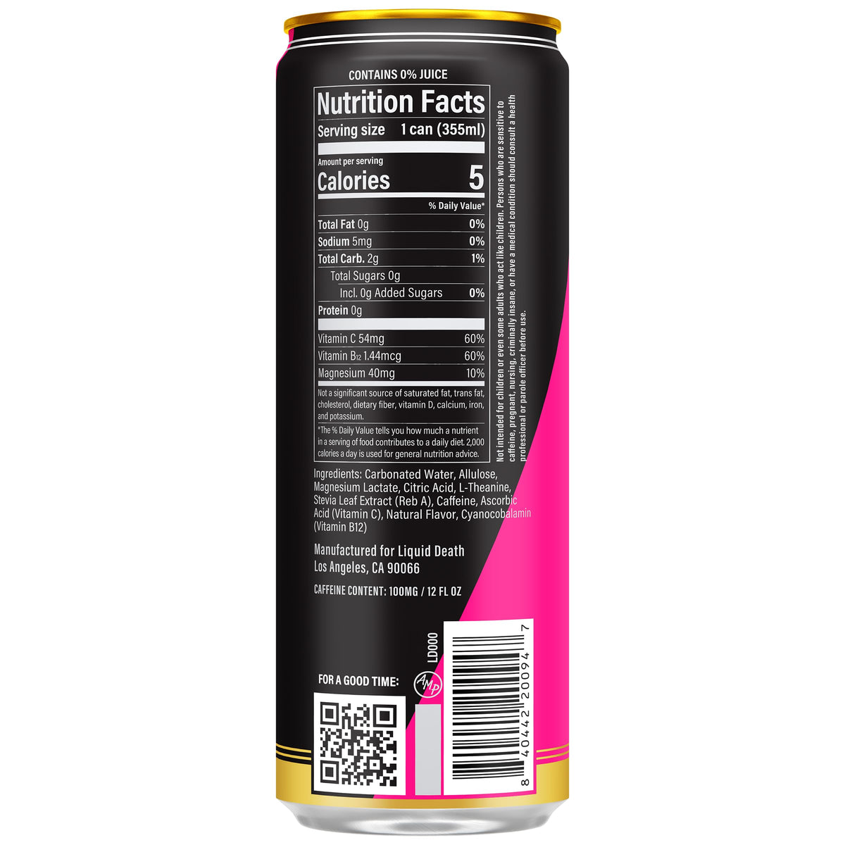 Liquid Death Sparkling Energy strawberry-lemon flavor bottle emphasizes refreshing taste.