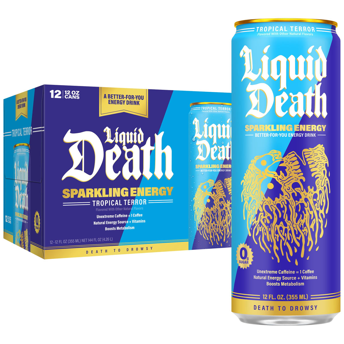 Liquid Death Sparkling Energy Tropical Terror can for a refreshing pick-me-up.